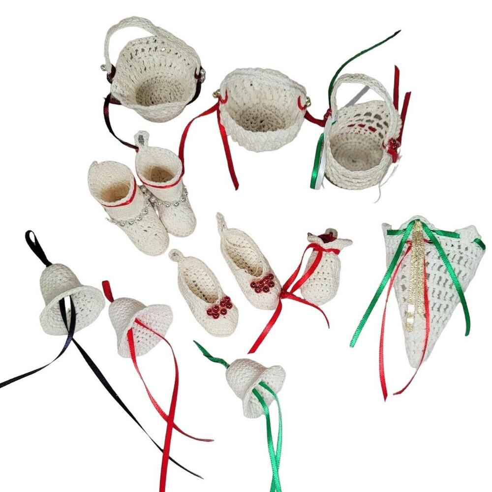 Vintage Crochet Christmas Ornaments Handmade Boho Bells Baskets Booties Slippers